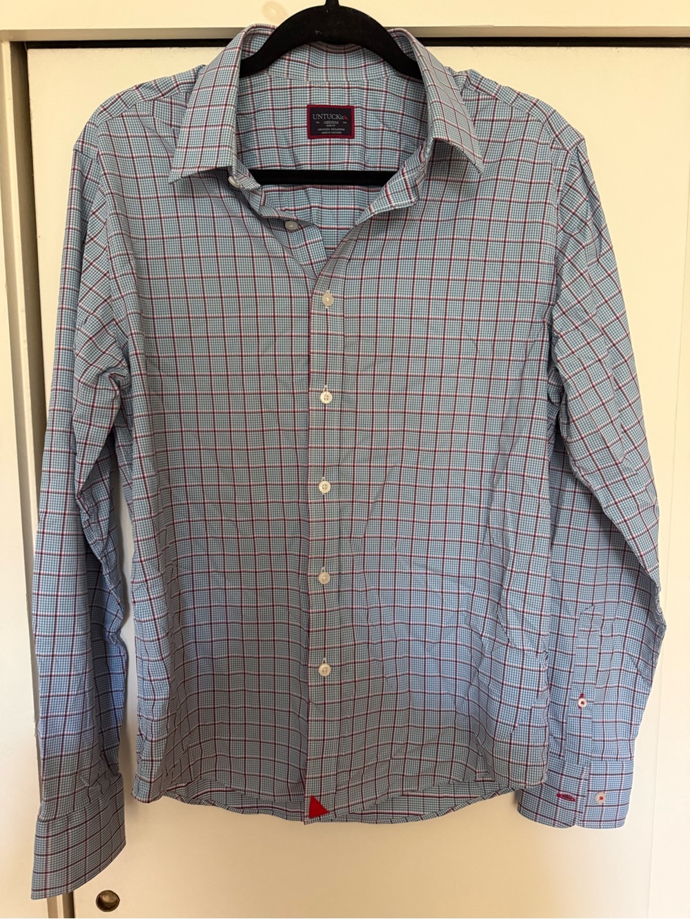 UNTUCKit Light Blue Windowpane Shirt with Red Checks